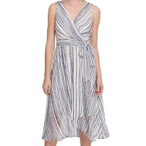 DKNY Seersucker Stripe Dress Women 16 Fit N Flare Faux Wrap Feminine Flattering